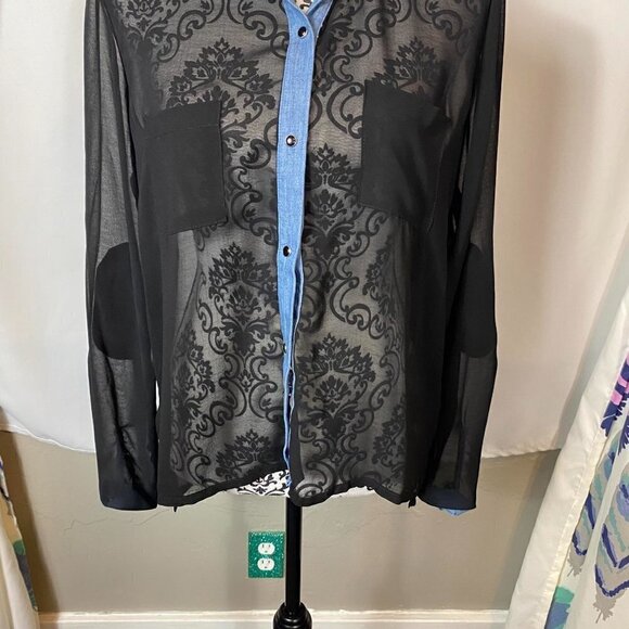 Olsenboye chambray and black sheer snap up long sleeve shirt lightweight - Picture 4 of 11